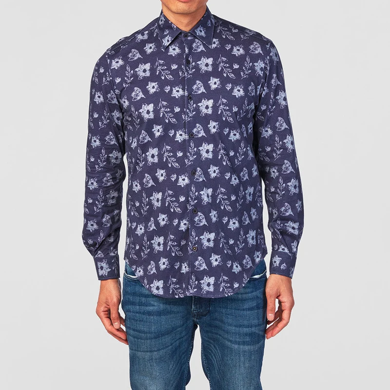 Chemise à motifs manches longues bleu marine en coton