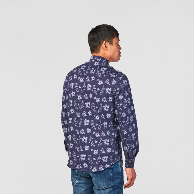Chemise à motifs manches longues bleu marine en coton