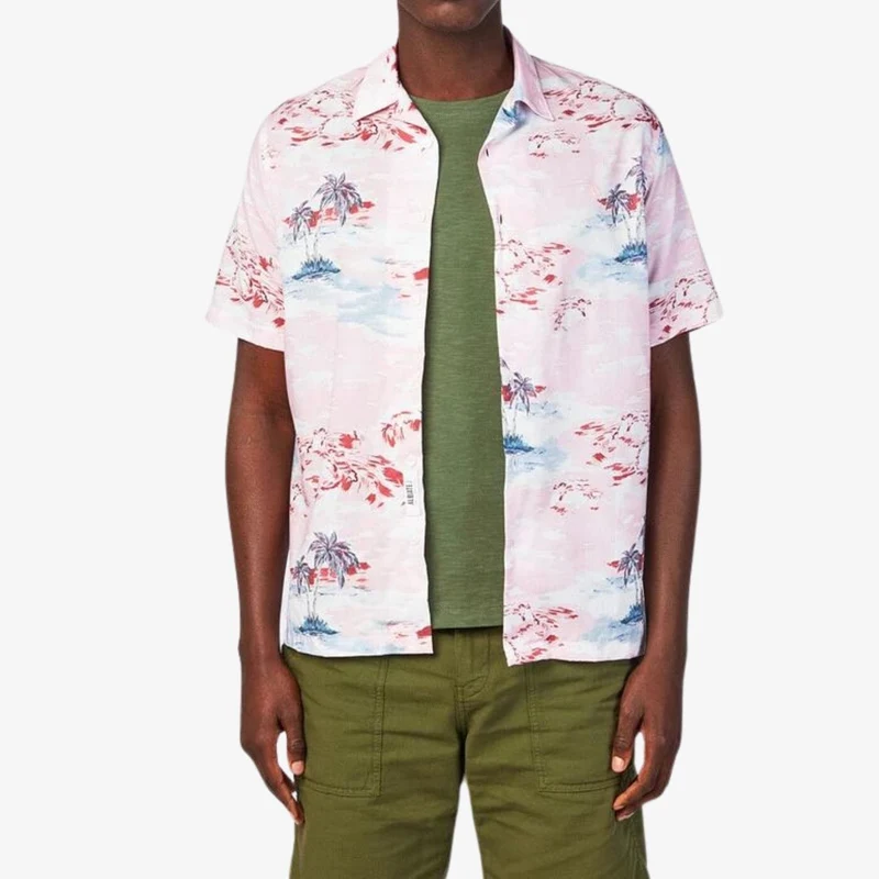 Chemise manches courtes rose avec imprimé palmiers en coton
