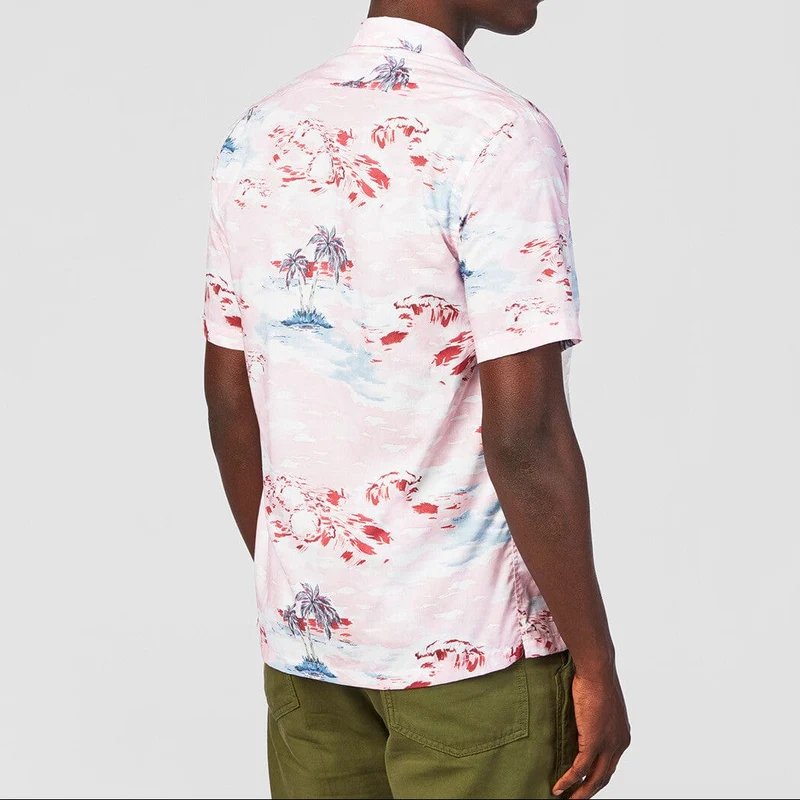 Chemise manches courtes rose avec imprimé palmiers en coton