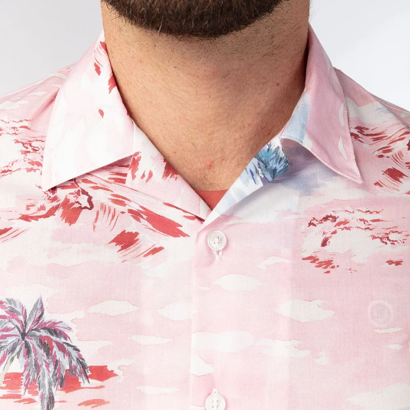 Chemise manches courtes rose avec imprimé palmiers en coton