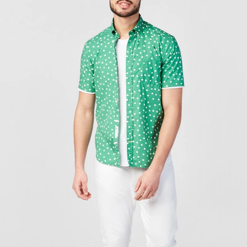 Chemise à pois manches courtes vert gazon en coton
