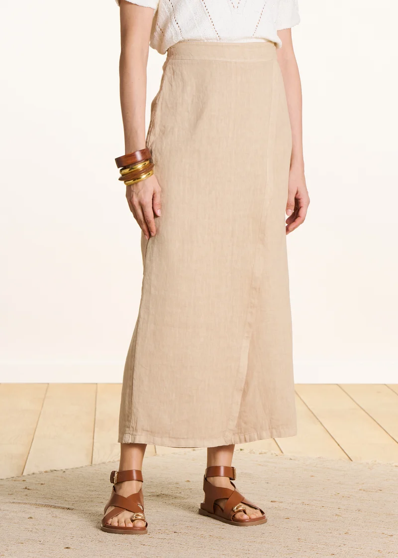 Pantalon large 7/8ème beige en lin avec pan