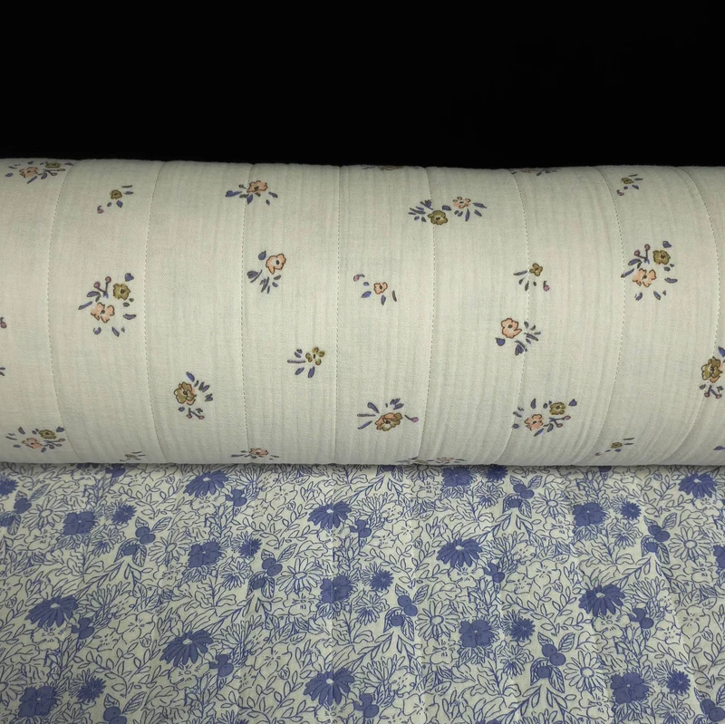 Double Gaze Matelassée Réversible | Floral bleu & mini fleurs | Ivoire doux
