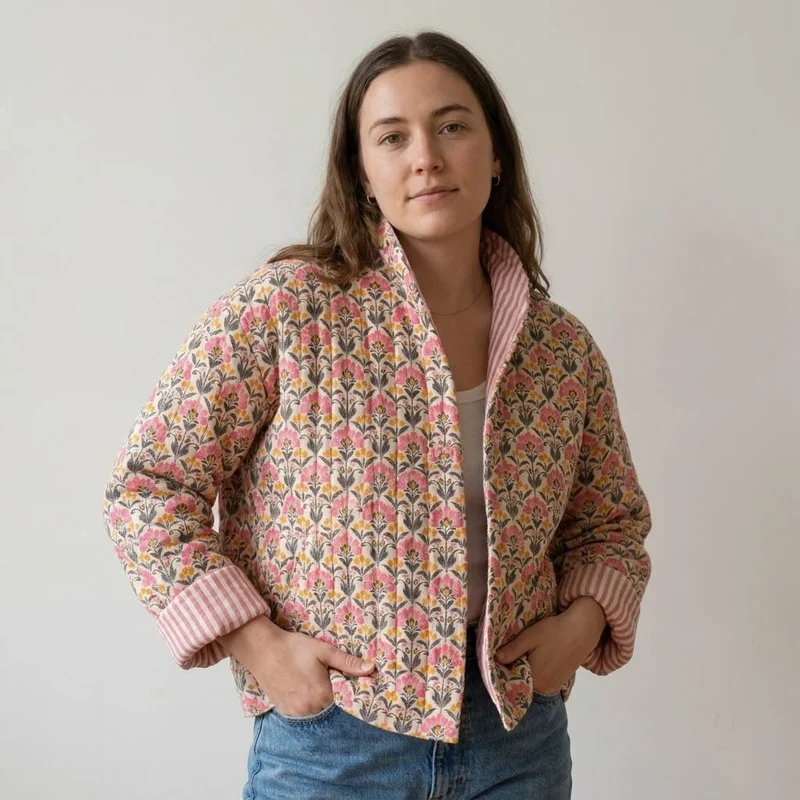Double Gaze Matelassée Réversible | Fleurs vintage & rayures rose