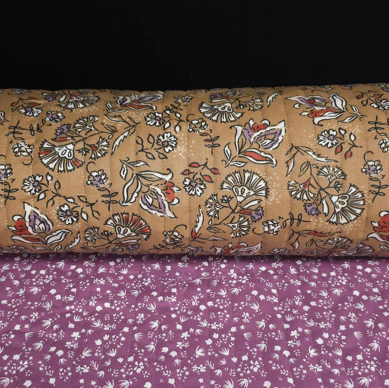 Coton matelassé réversible | Floral camel & prairie violette