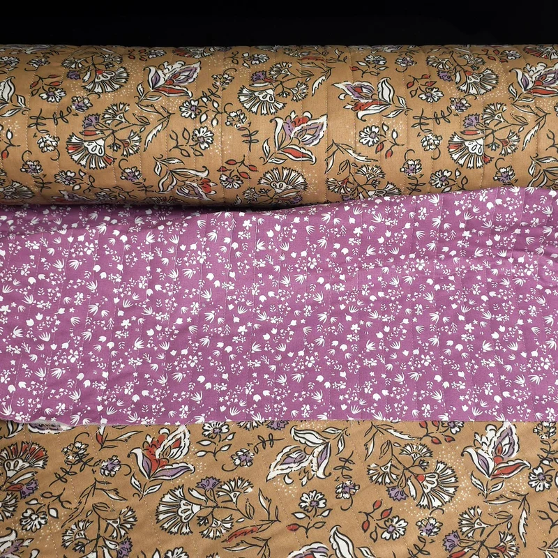 Coton matelassé réversible | Floral camel & prairie violette