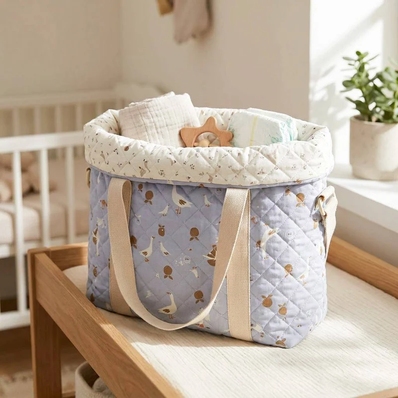 Coton matelassé réversible | Oies bleues & jardin ivoire