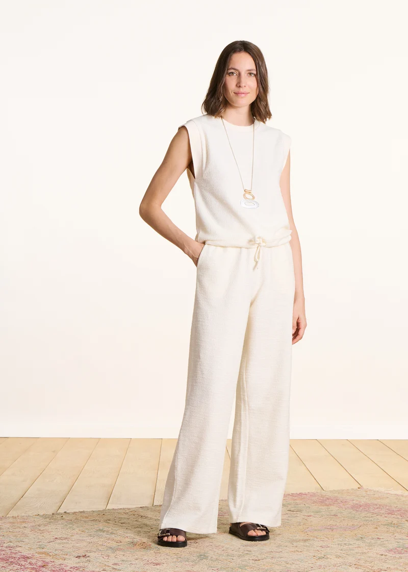 Pantalon large écru élastiqué en jersey