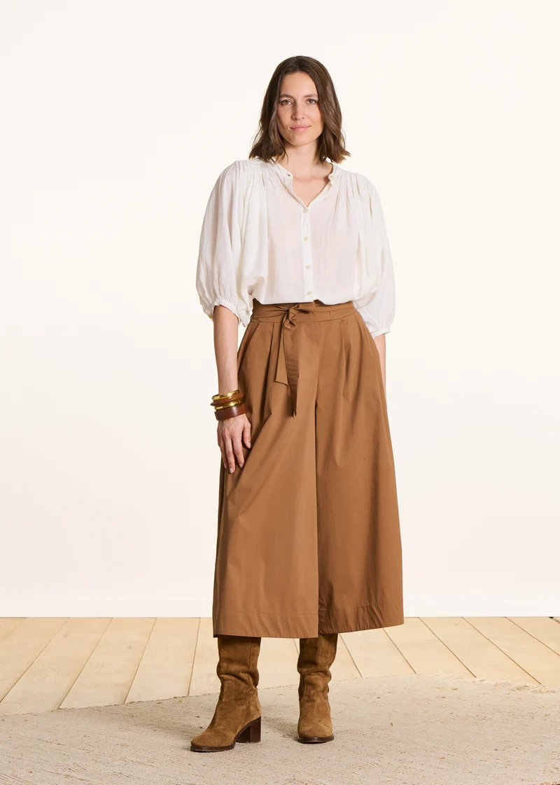 Pantalon camel large 7/8ème avec ceinture à nouer