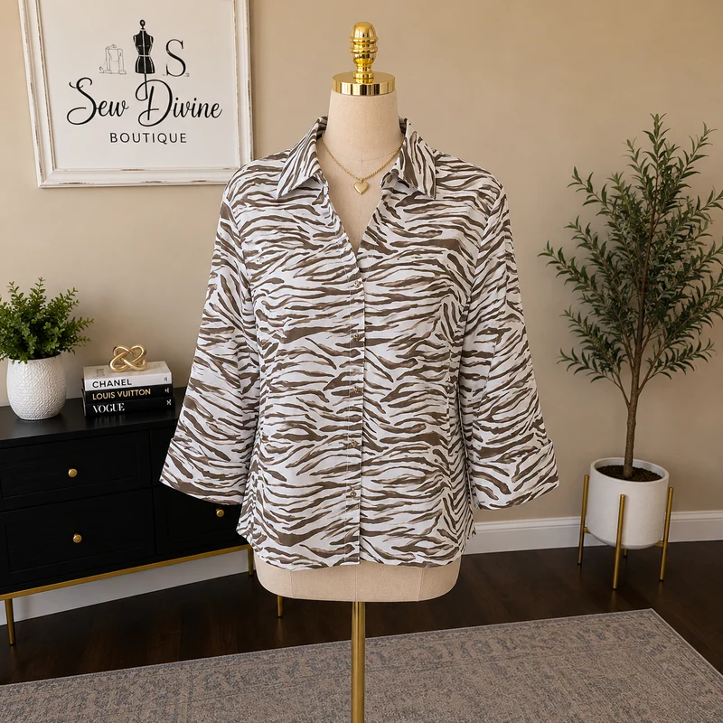 Zac & Rachel Zebra Poplin Button Down Ribbed Knit Sides Top