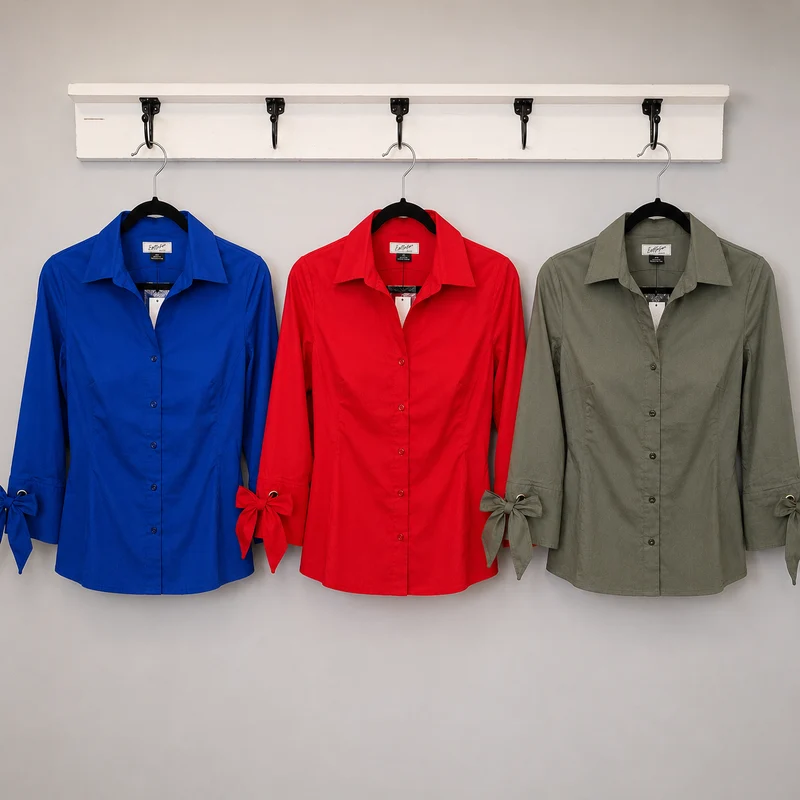 Eighty-Five Poplin Button Front Blouse with Bow Tie Cuffs