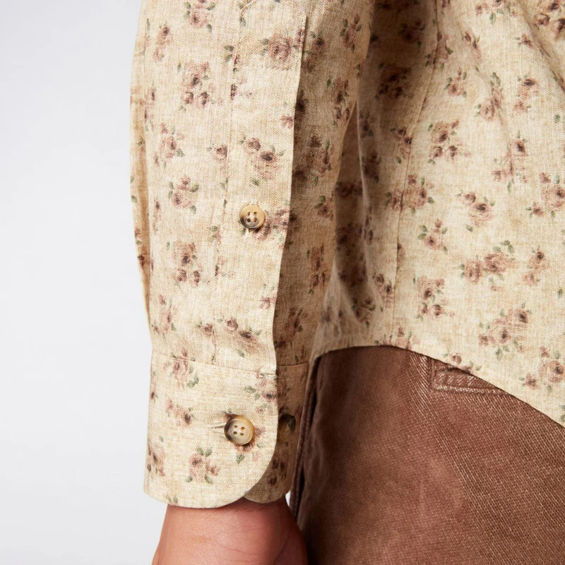 Chemise imprimée fleurs vintage jaune coupe ajustée en coton