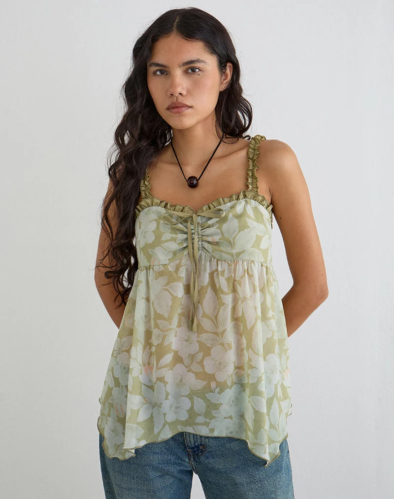 Haut sans manches Sylva à ourlet asymétrique, vert pâle à fleurs