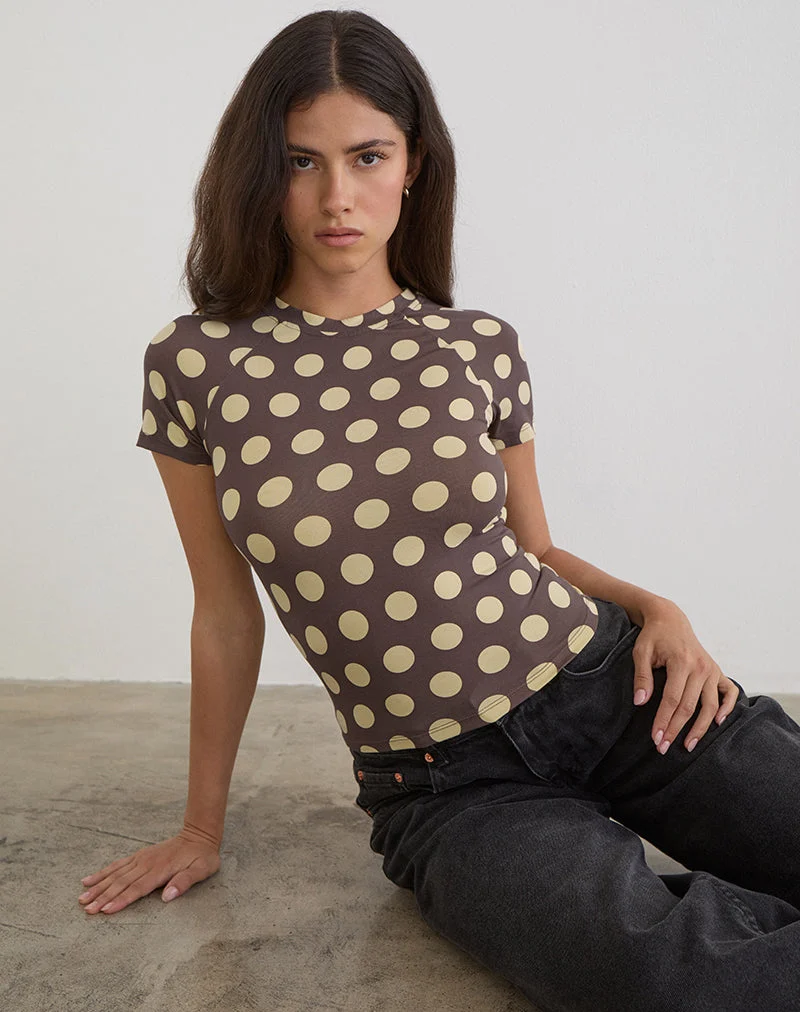 T-shirt Agneta marron à gros pois jaunes