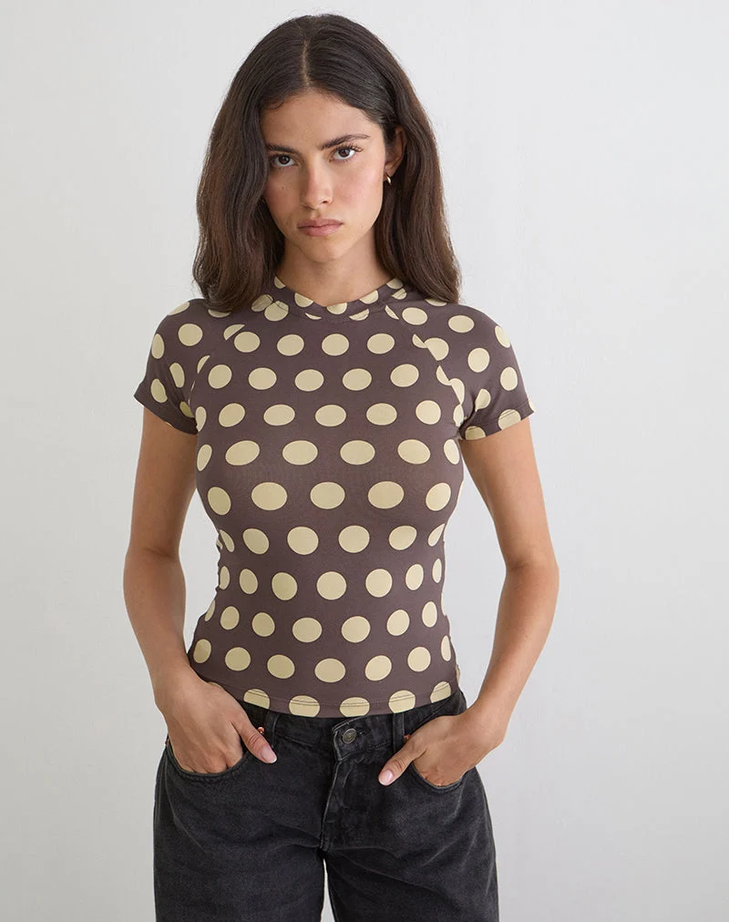 T-shirt Agneta marron à gros pois jaunes