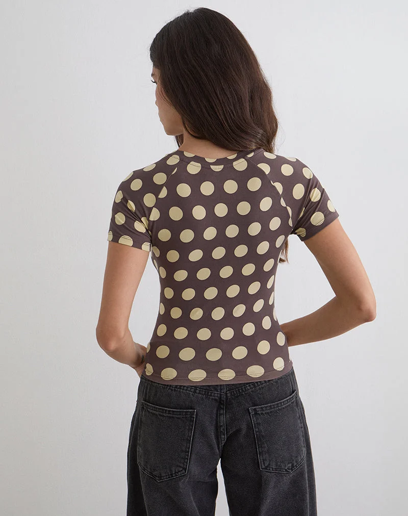 T-shirt Agneta marron à gros pois jaunes