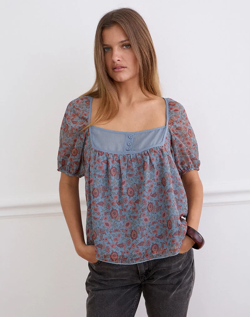 Haut Sumire en mousseline bleu « Shadow Blossom »