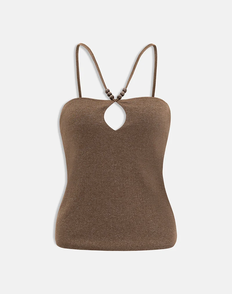 Haut Satuna avec perles en maille brillante marron