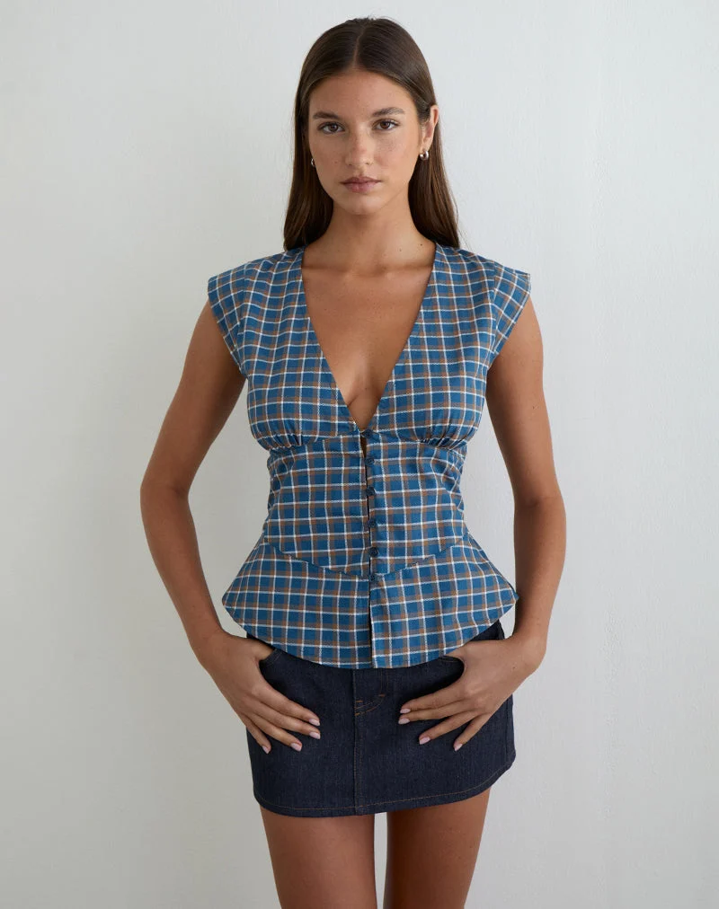 Blouse Devlon en tartan bleu moyen