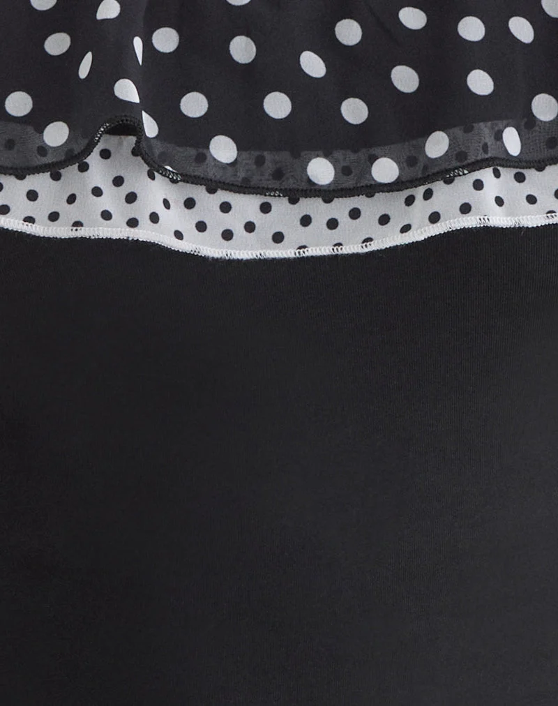 Top Iridia en cupro noir avec petits volants à pois
