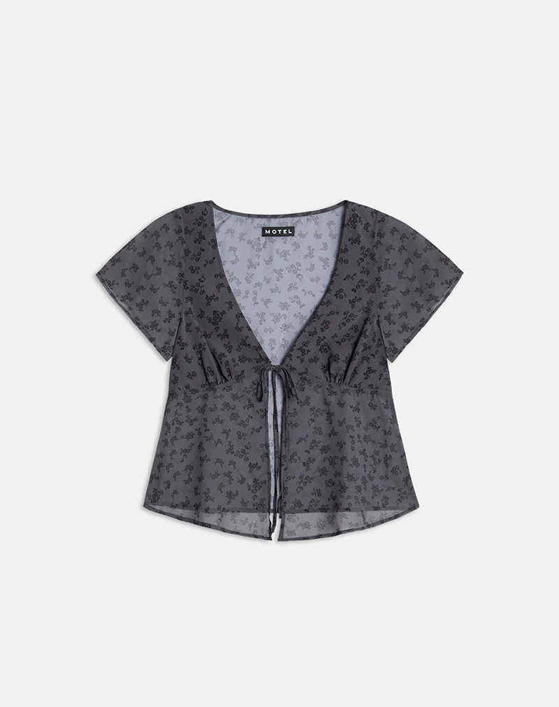 Blouse Kota en mousseline à fleurs minimalistes gris foncé