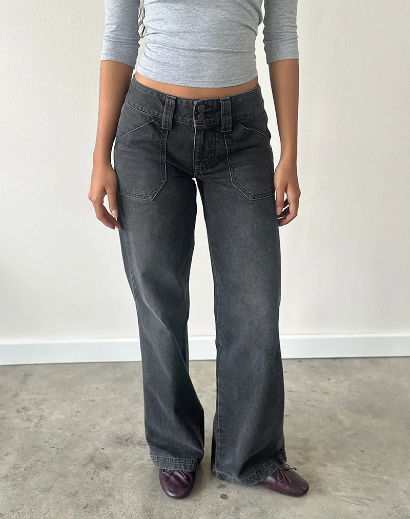 Jean cargo décontracté à taille basse, couleur noir vintage