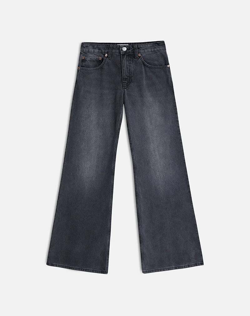 Jean évasé taille basse ample, couleur noir gris délavé