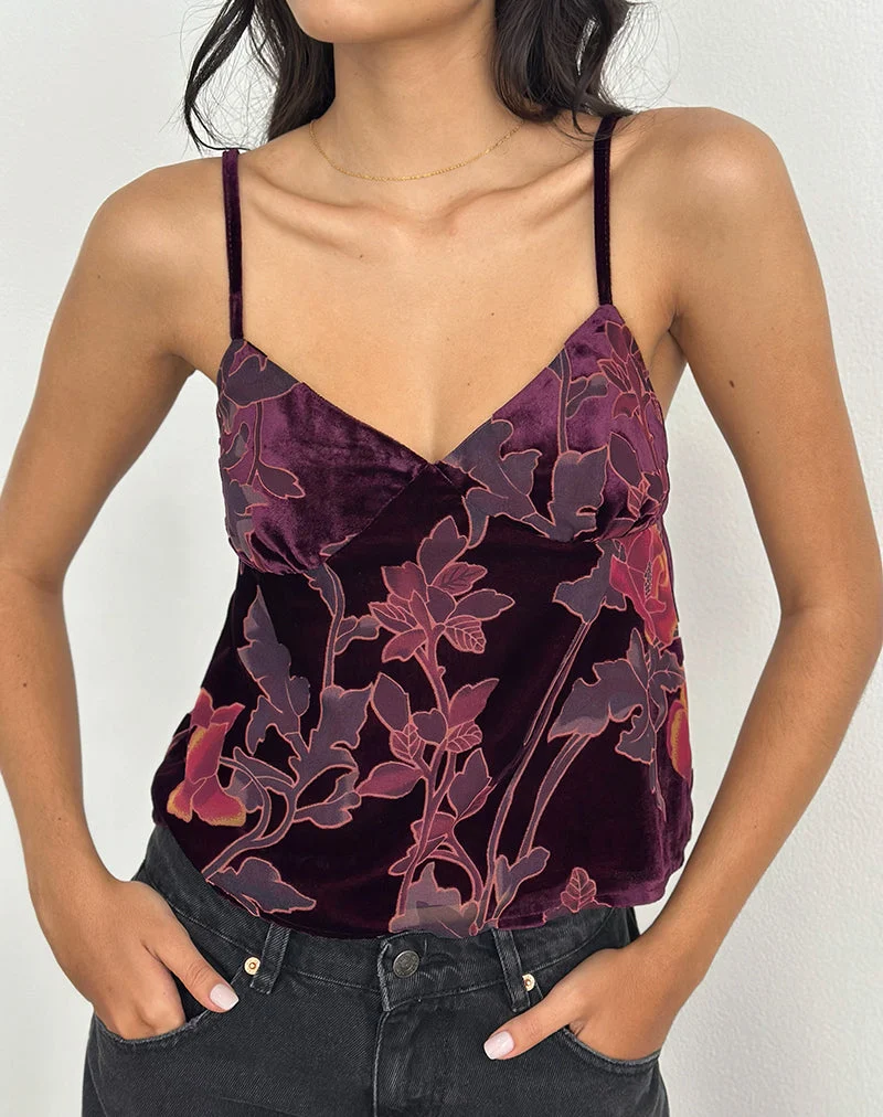 Top Sarinda Cami en dévoré floral bordeaux