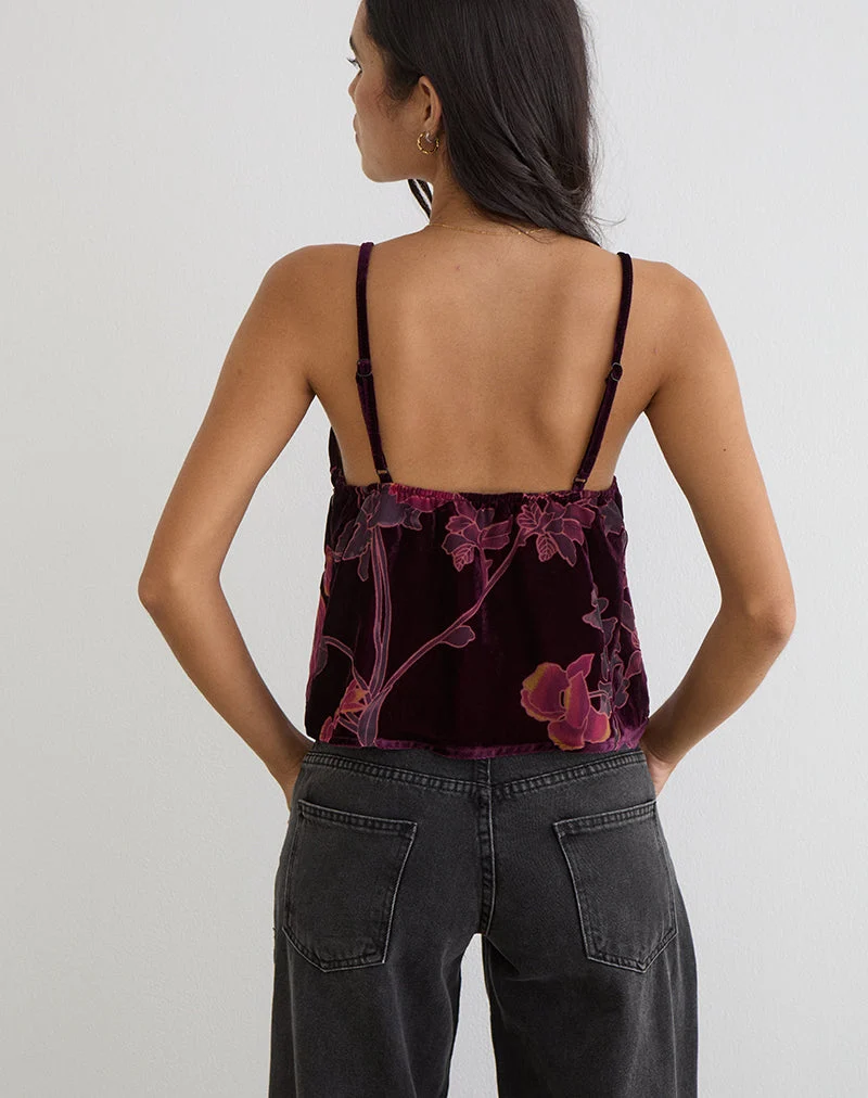 Top Sarinda Cami en dévoré floral bordeaux