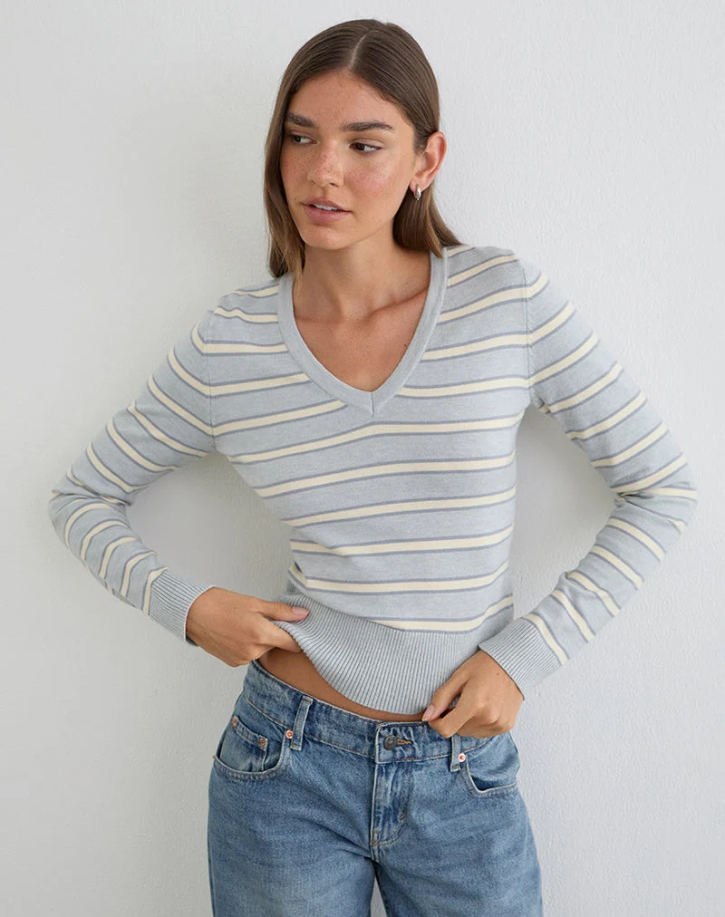 Pull Yasra en maille rayée crème et gris