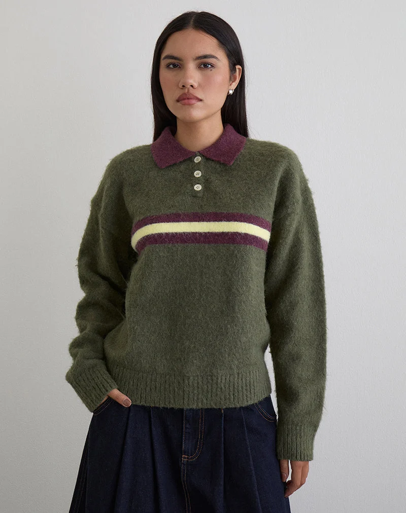 Pull Marvina en maille verte à rayures jaunes