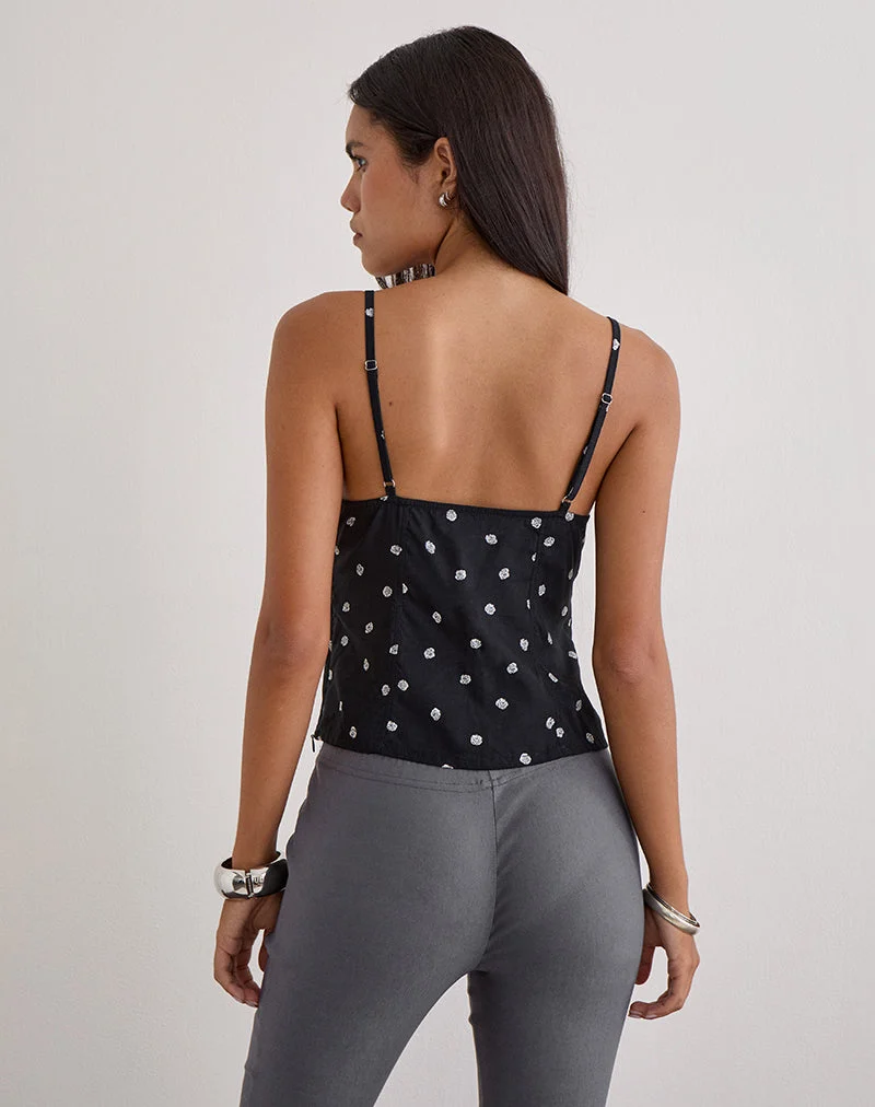 Haut camisole Blues A en noir à petites roses