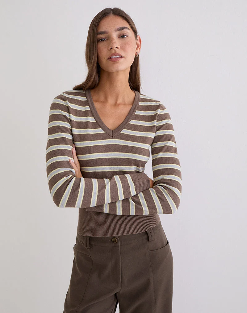 Pull Yasra en maille rayée marron et jaune