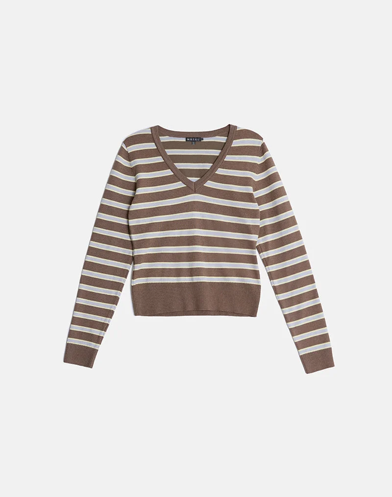 Pull Yasra en maille rayée marron et jaune