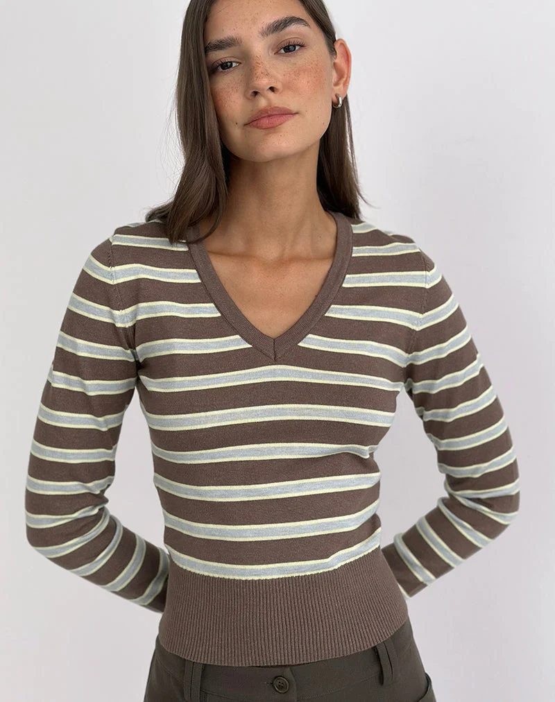 Pull Yasra en maille rayée marron et jaune