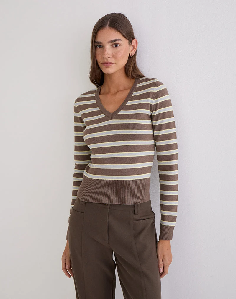 Pull Yasra en maille rayée marron et jaune