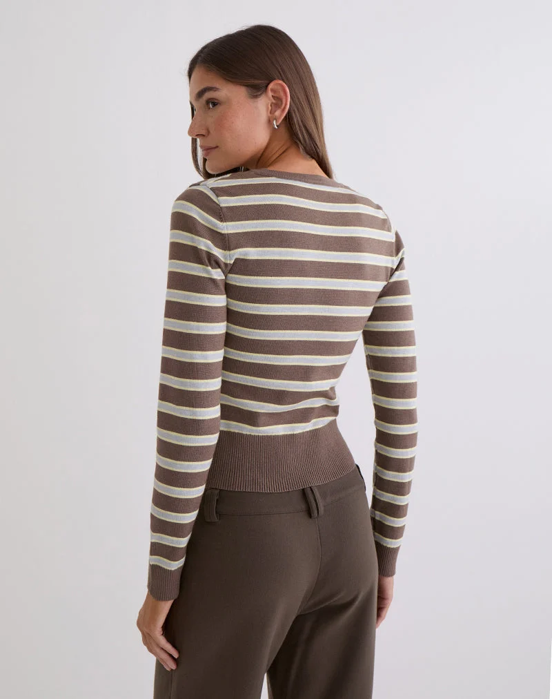 Pull Yasra en maille rayée marron et jaune