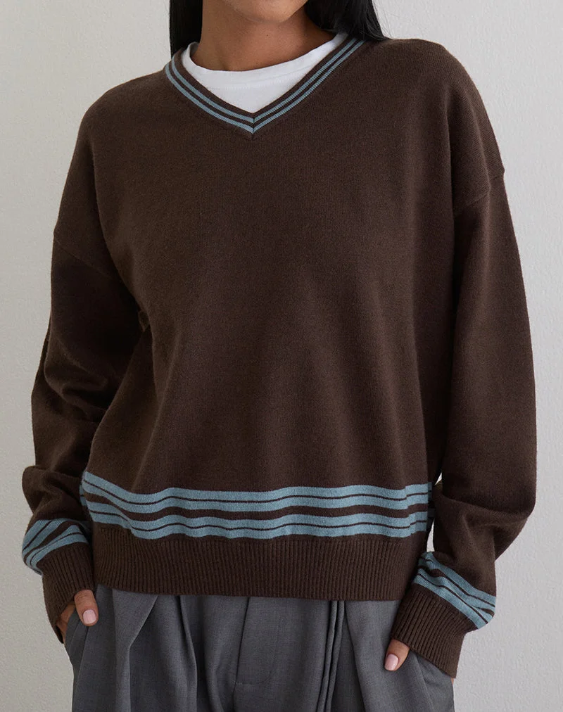 Pull ample à col en V Yarnia, marron et bleu