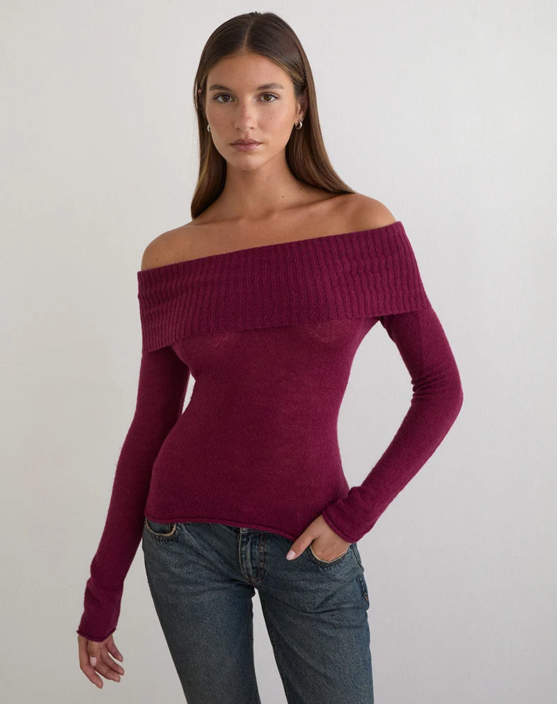Pull Lune Bardot en maille couleur vin