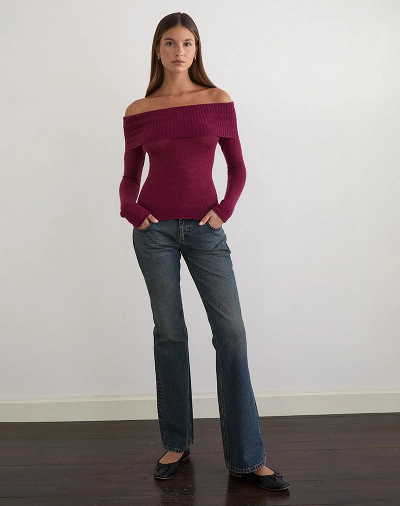 Pull Lune Bardot en maille couleur vin