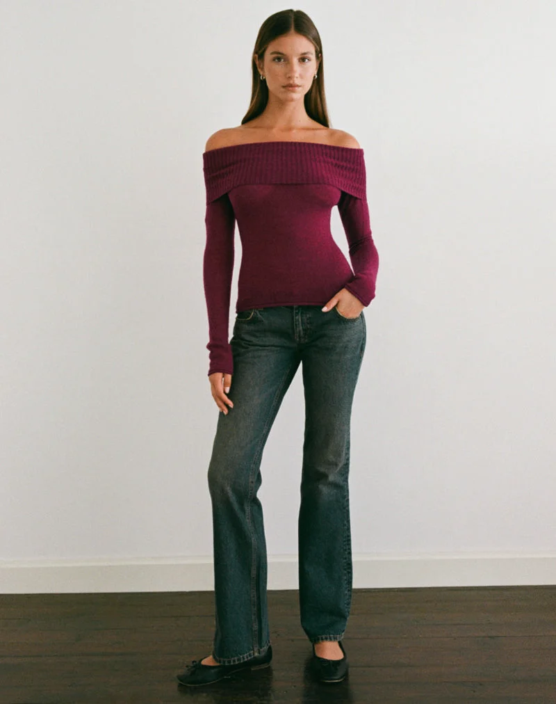 Pull Lune Bardot en maille couleur vin