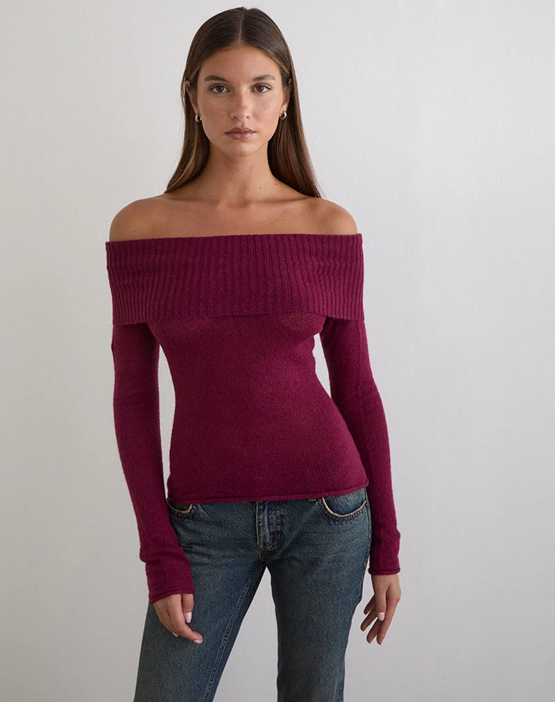 Pull Lune Bardot en maille couleur vin