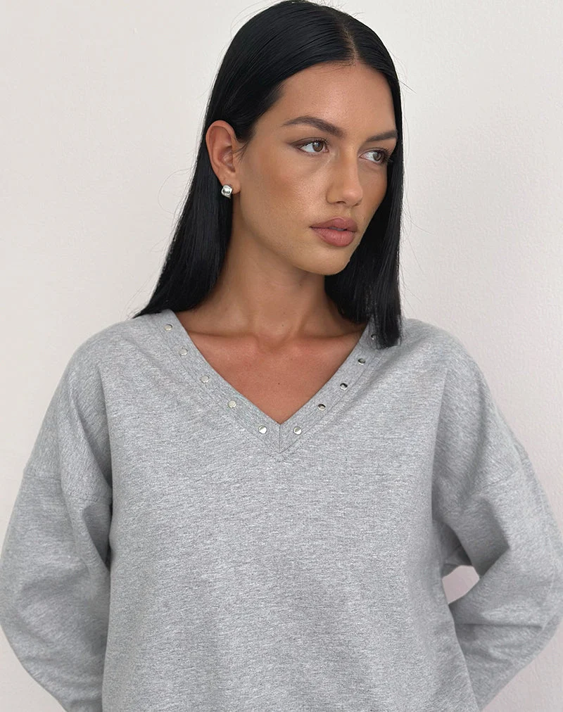 Sweat-shirt slim Lazuly gris chiné avec clous