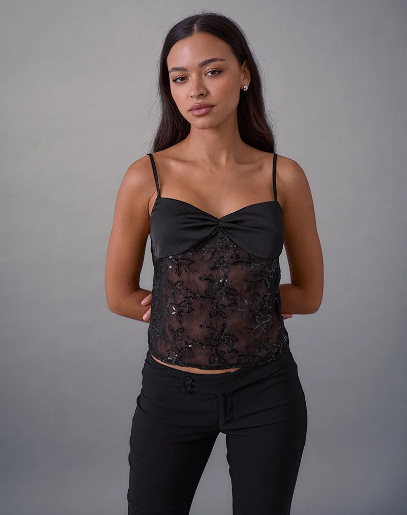 Rikasu Top in Floral Chiffon Sequin Black
