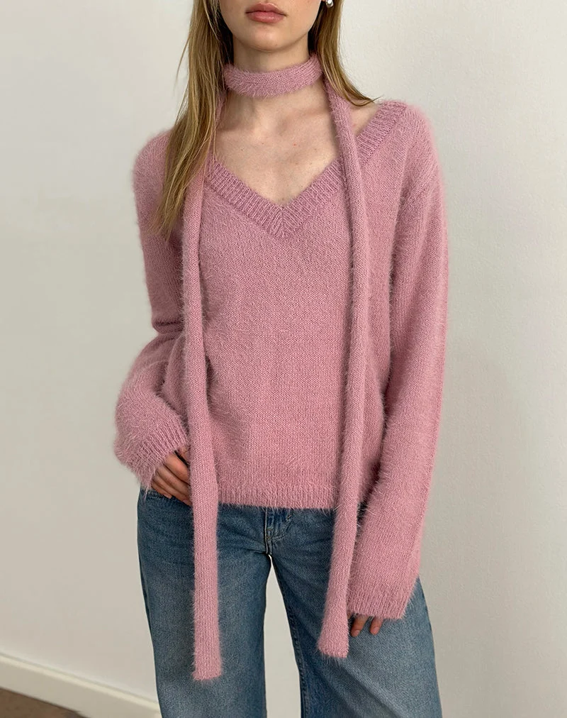 Dikara Jumper with Scarf in Knit Dusty Pink (Pull avec écharpe en tricot)