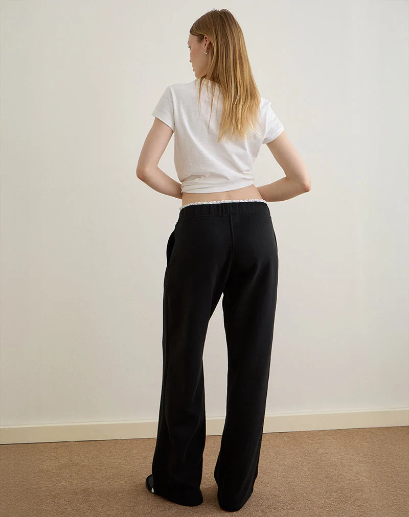 Jenita Loose Jogger in Black with White Picot Trim