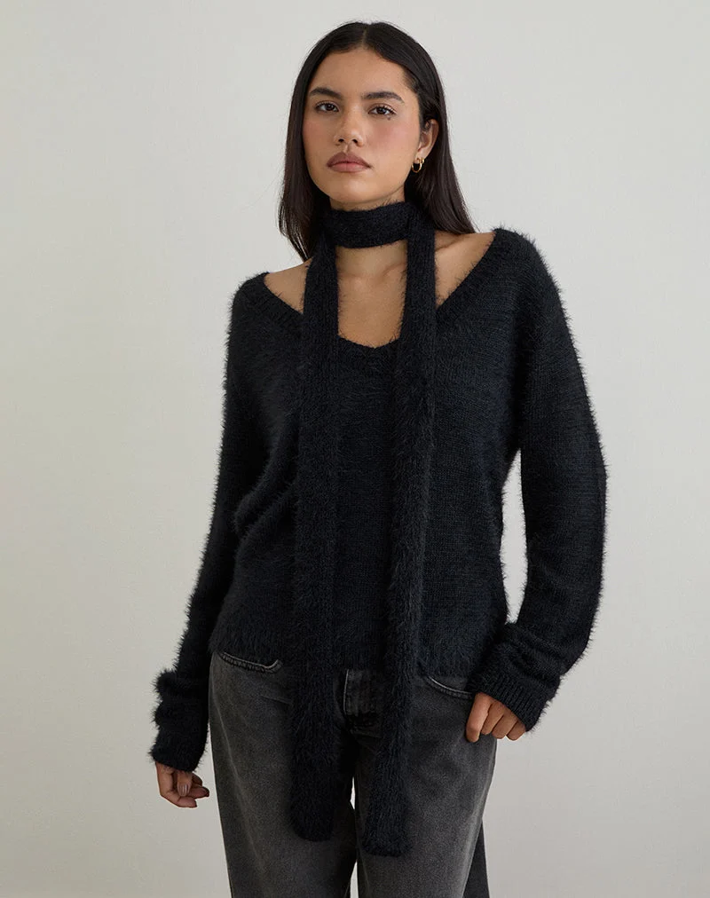 Pull Dikara avec écharpe en tricot noir