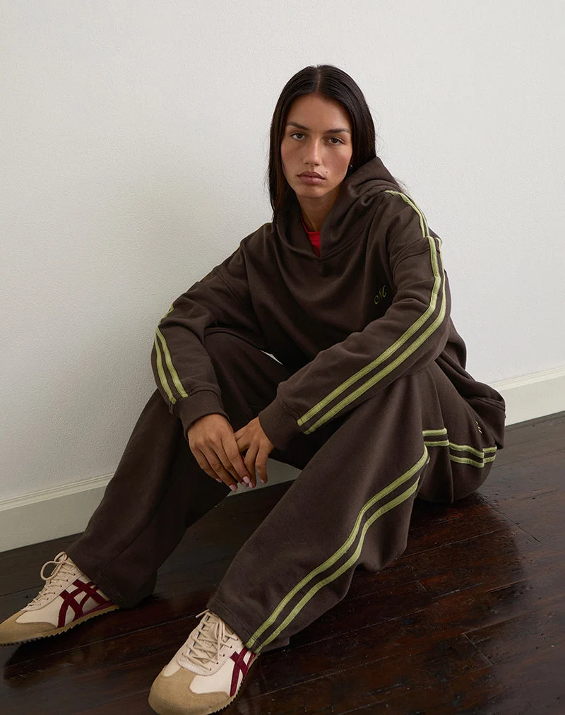 Pantalon de survêtement Oze en chocolat amer avec reliure verte et broderie M