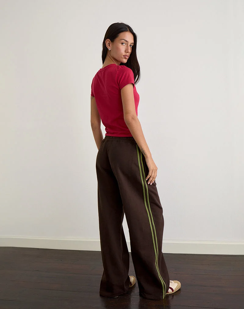 Pantalon de survêtement Oze en chocolat amer avec reliure verte et broderie M